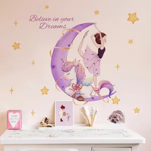 Sticker Mural Onirique Licorne Lune Fille de Ballet Believe In Your Dreams Dessin Animé PVC Imperméable Auto-adhésif Amovible Décalcomanie Pour Chambre d'Enfant Fille Décor