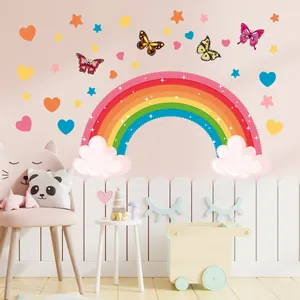 Rainbow and stars wall stickers set for children room decor with butterflies and hearts