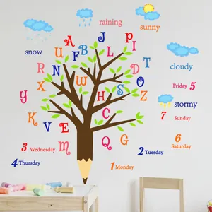 Pädagogischer Bleistiftbaum Wandsticker mit ABC-Alphabet und Wetter-Icons für Kinder