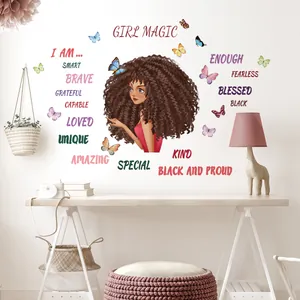 Detail of inspirational cartoon girl wall decals with butterflies and Girl Magic phrases