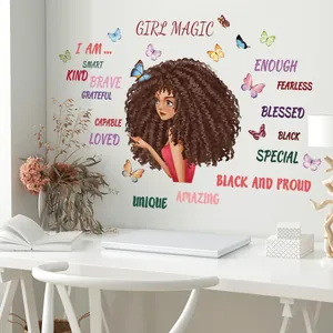 Inspirational cartoon girl wall sticker with butterflies and Girl Magic text for kids room