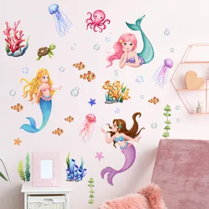Stickers muraux princesse sirène avec méduse et corail pour chambre d'enfant
