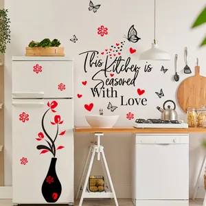 Kitchen wall stickers with This Kitchen is Seasoned With Love quote and red floral accents