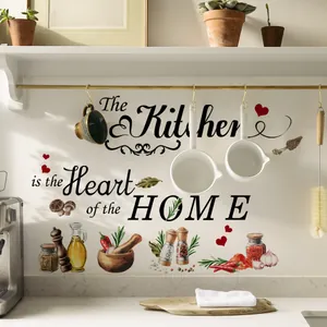 Sticker mural cuisine avec phrase The Kitchen is the Heart of the Home et dessins