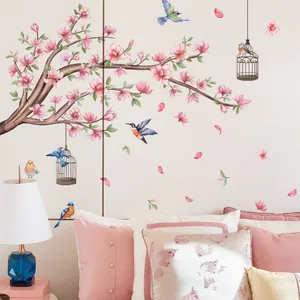 Vinilo de pared con flores de cerezo y pájaros para decoración de dormitorio rosa