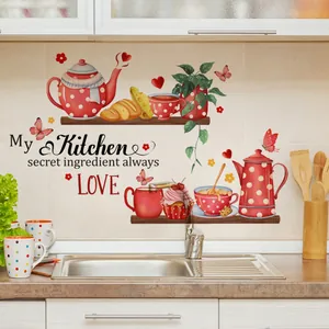 Küche Wandaufkleber PVC Wasserdicht Rot Gepunktet Teekanne Tasse Cupcake Brot Muster Abnehmbare Aufkleber Für Home Dekor