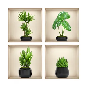 Lot de 4 stickers muraux de plantes vertes minimalistes dans des pots noirs pour décor
