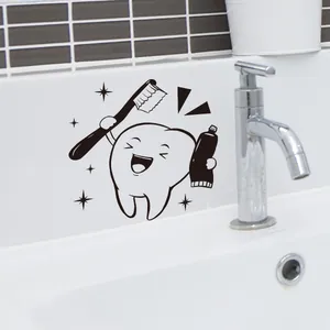 Adhesivo de diente animado con cepillo y estrellas para espejo de baño y pared de azulejo
