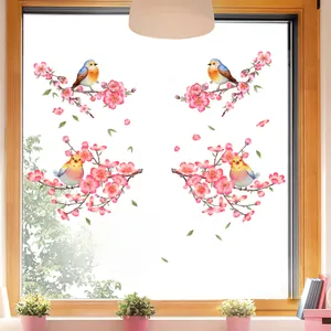 Pegatinas de ventana de flores de acuarela y pájaros de colores para salón y hogar