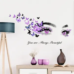 Détail du sticker mural You are Always Beautiful avec motif œil et papillons violets