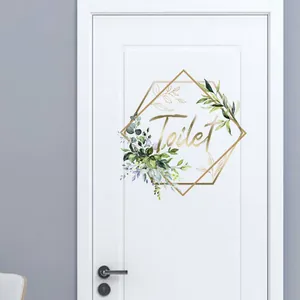 Modern gold hexagonal Toilet door sticker with green eucalyptus leaves and floral patterns