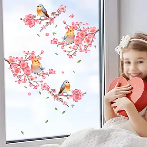 Pegatinas de acuarela para ventanas con flores rosas y aves en las ramas