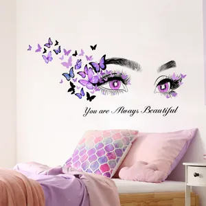Sticker mural yeux et papillons violets avec citation 'You are Always Beautiful' pour chambre