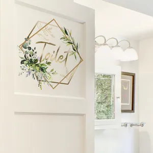 Floral watercolor self-adhesive wall sticker with Toilet text and gold diamond border