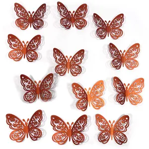 Detailed laser-cut hollow butterfly wall stickers with metallic orange floral patterns