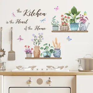 Self-adhesive kitchen wall sticker with potted plants and home quote on white tile
