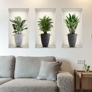 Set di tre adesivi murali 3D con piante verdi in vaso e monstera in nicchie moderne