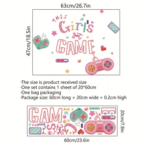 Sticker mural pour fille gamer avec manette et cœurs, déco chambre rose et verte