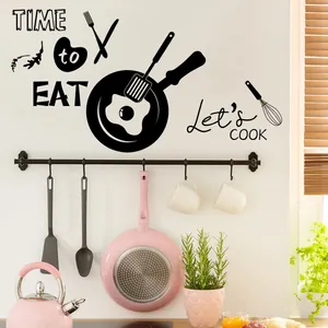 Kitchen wall stickers featuring 'TIME to EAT' and frying pan silhouette for dining room