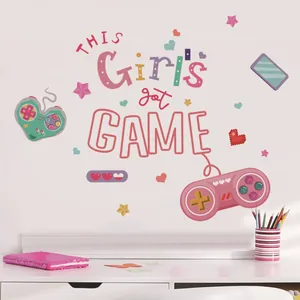 Sticker Mural THIS Girl's Got Game Motif Manette Cœur Étoile Décalcomanie PVC Amovible Pour Chambre de Fille Gaming