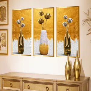 Modernes 3-teiliges abstraktes Blumen-Wandbild mit luxuriöser Gold-Silber-Metalloptik