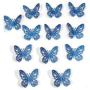 Detailed view of 12 navy blue glitter hollow-out butterfly wall stickers with floral patterns