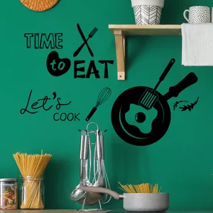 Kitchen wall decal featuring 'TIME to EAT' text with frying pan and utensil graphics