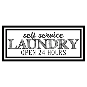 Sticker mural de blanchisserie en libre-service avec lettrage 24h/24 en noir et blanc