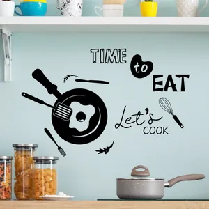 Self-adhesive black silhouette kitchen wall decals with frying pan and cookware motifs