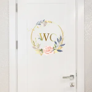 Floral Wreath Bathroom Wall Sticker Golden WC Lettering Sign Decal Self Adhesive Mirror Decoration For Toilet Washroom Home Decor