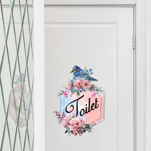 Self-adhesive floral toilet door sticker featuring pink flowers and blue bird design
