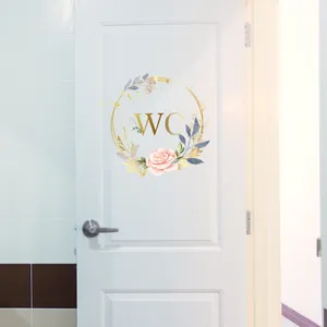 Self-adhesive floral WC wall sticker with pink roses for bathroom door decoration