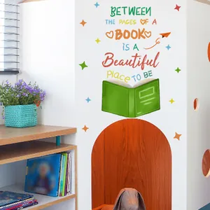 Detail of inspirational reading quote wall decal with colorful books and stars
