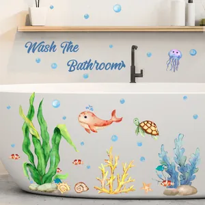 Nautical bathroom wall decals featuring sea animals and Wash The Bathroom lettering