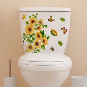 Waterproof sunflower and butterfly wall stickers for bathroom toilet decor in watercolor style
