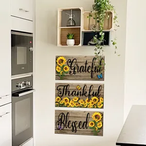 Three-piece sunflower wall plaques with Grateful Thankful Blessed text for home decor
