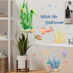 Detailed view of marine life wall stickers featuring sea turtles and seaweed in a bathroom