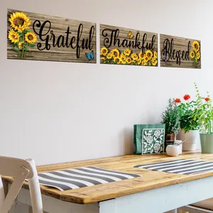 Sunflower and butterfly wall art trio with Grateful Thankful Blessed inscriptions