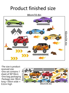 Colorful cartoon race car wall decals with size chart for kids bedroom decoration