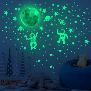 Glow In The Dark Wall Stickers Luminous Space Astronaut Moon Stars PVC Self-Adhesive For Kids Room Bedroom Ceiling Decor
