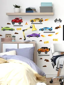 Kleurrijke raceauto muurstickers voor kinderkamer met racebaan en vlaggen decoratie