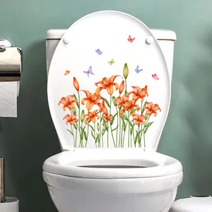 Waterproof PVC Orange Lily Flower Colorful Butterfly Toilet Lid Decal Self Adhesive Removable Bathroom Home Wall Sticker