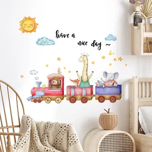 Adesivi da Parete Treno Animali Cartone Animato per Cameretta Bambini Acquerello Orso Volpe Giraffa PVC Removibile Arredo