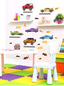 Cartoon Racewagen Muurstickers Voor Kinderkamer Slaapkamer Decor PVC Zelfklevend Meerkleurige Auto Finishvlag Muurstickers