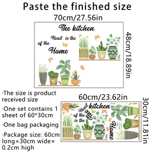 Green potted plants wall decal set with Kitchen Is The Heart Of The Home quote for decor