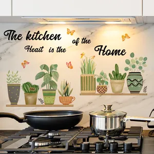 Detail of waterproof kitchen wall stickers featuring potted plants and English art quotes