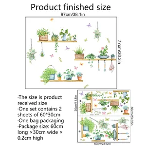 Watercolor potted plants and butterflies wall sticker set measuring 97x77cm for home decor