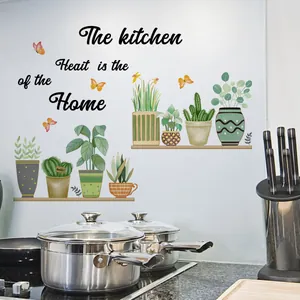 Self-adhesive kitchen wall decals with green potted plants and inspirational quotes