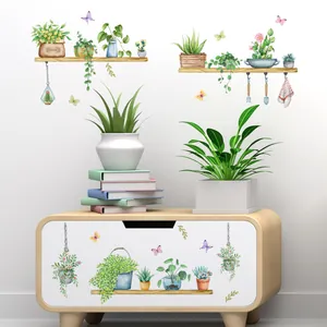 Watercolor green plants and butterflies wall decals set for home living room decoration