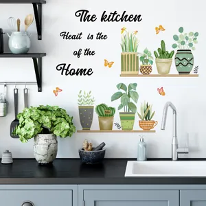 Self-adhesive kitchen wall stickers with hand-painted green plants and butterfly motifs